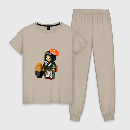 Женская пижама хлопок с принтом Гейша в пикселях, вид спереди #2