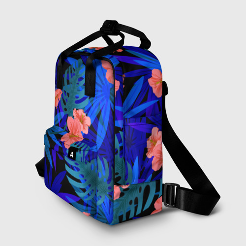 Женский рюкзак 3D с принтом Тропические растения кислотно-синие, фото на моделе #1