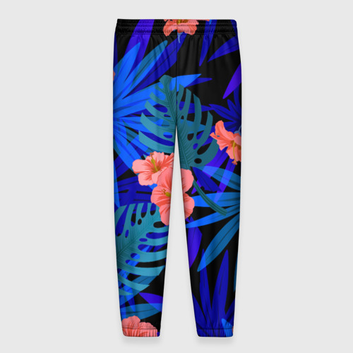 Мужские брюки 3D с принтом Тропические растения кислотно-синие, вид сзади #1