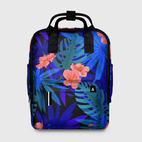 Женский рюкзак 3D с принтом Тропические растения кислотно-синие, вид спереди #2