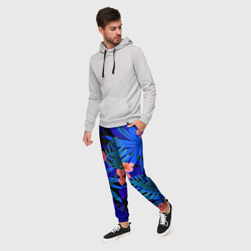 Мужские брюки 3D с принтом Тропические растения кислотно-синие, фото на моделе #1