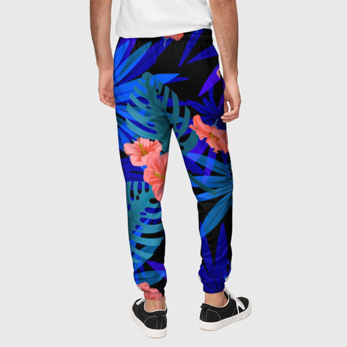 Мужские брюки 3D с принтом Тропические растения кислотно-синие, вид сзади #2