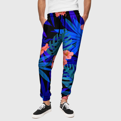 Мужские брюки 3D с принтом Тропические растения кислотно-синие, вид сбоку #3