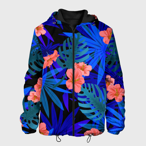 Мужская куртка 3D с принтом Тропические растения кислотно-синие, вид спереди #2