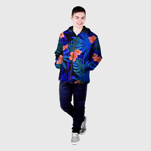 Мужская куртка 3D с принтом Тропические растения кислотно-синие, фото на моделе #1