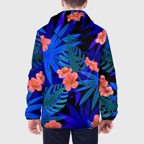 Мужская куртка 3D с принтом Тропические растения кислотно-синие, вид сзади #2