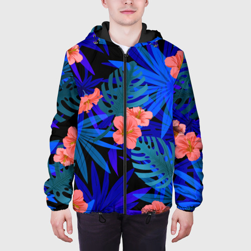 Мужская куртка 3D с принтом Тропические растения кислотно-синие, вид сбоку #3