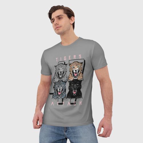 Мужская футболка 3D с принтом Tigers attacks, фото на моделе #1