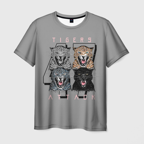 Мужская футболка 3D с принтом Tigers attacks, вид спереди #2