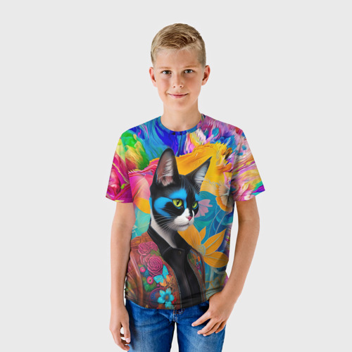 Детская футболка 3D с принтом Кот модник - нейросеть, фото на моделе #1