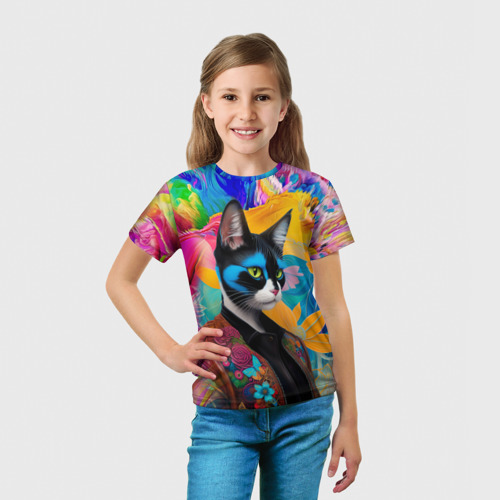 Детская футболка 3D с принтом Кот модник - нейросеть, вид сбоку #3