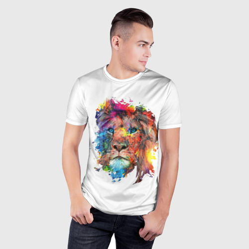 Мужская футболка 3D Slim с принтом Лев в акварельном стиле, фото на моделе #1
