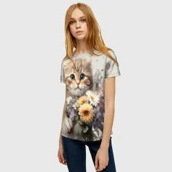 Женская футболка 3D Котенок с полевыми цветами - фото 2