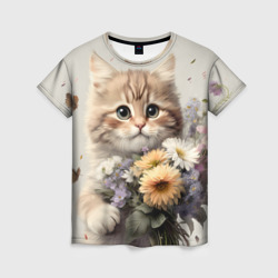 Котенок с полевыми цветами – Женская футболка 3D с принтом купить со скидкой в -26%
