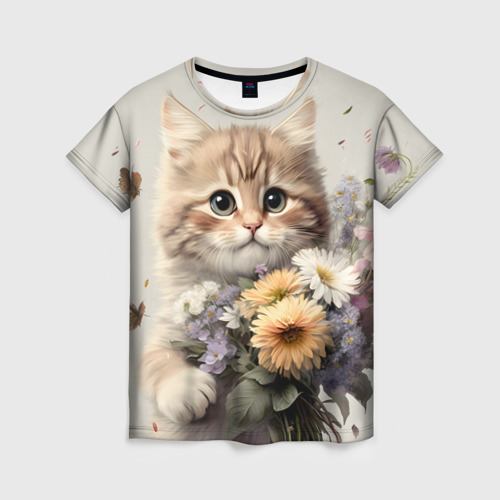 Женская футболка 3D Котенок с полевыми цветами, цвет 3D печать