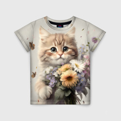 Котенок с полевыми цветами – Детская футболка 3D с принтом купить со скидкой в -33%