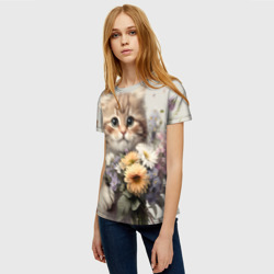 Женская футболка 3D Котенок с полевыми цветами - фото 2