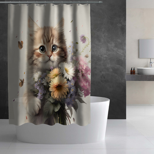Штора 3D для ванной Котенок с полевыми цветами - фото 3