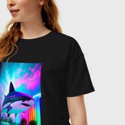 Женская футболка хлопок Oversize Неоновая акула - нейросеть - фото 2