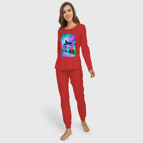 Женская пижама с лонгсливом хлопок Неоновая акула - нейросеть, цвет красный - фото 3