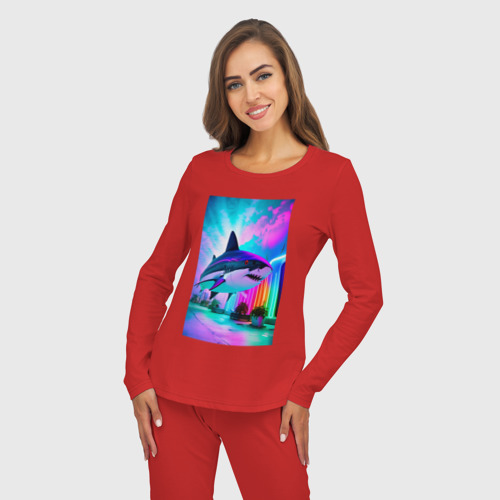 Женская пижама с лонгсливом хлопок Неоновая акула - нейросеть, цвет красный - фото 5