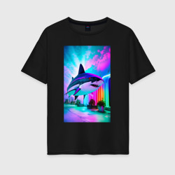 Женская футболка хлопок Oversize Неоновая акула - нейросеть