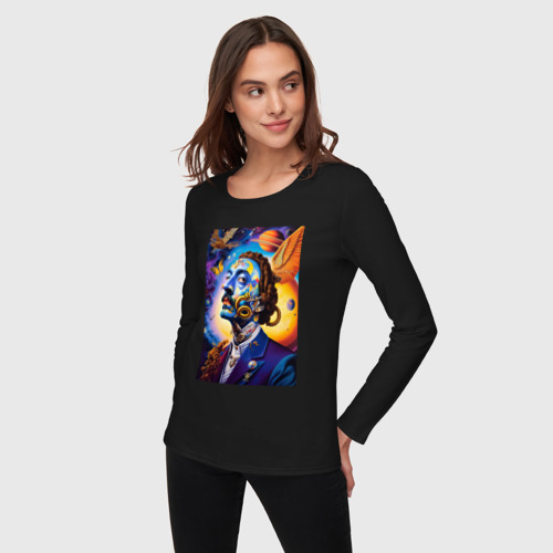Женский лонгслив хлопок с принтом Портрет Сальвадора Дали - сюрреализм - нейросеть, фото на моделе #1