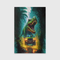 Обложка для паспорта матовая кожа Тираннозавр преследует Джип под дождем