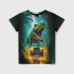Детская футболка 3D Тираннозавр преследует Джип под дождем