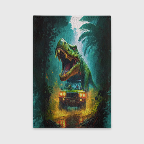Обложка для автодокументов Тираннозавр преследует Джип под дождем, цвет желтый - фото 2
