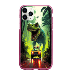 Чехол для iPhone 11 Pro Max матовый Динозавр в погоне за машиной в джунглях