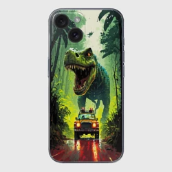 Чехол для iPhone 15 силиконовый с защитой камеры Динозавр в погоне за машиной в джунглях