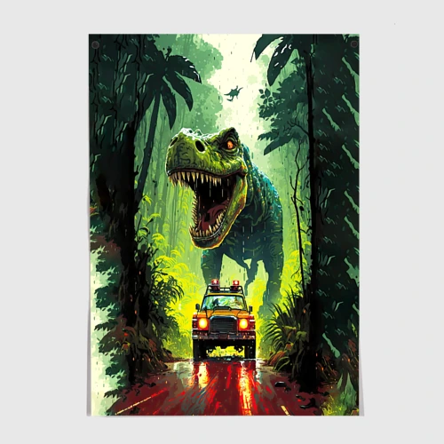 Постер Динозавр в погоне за машиной в джунглях