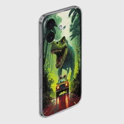 Чехол для iPhone 16 силиконовый с защитой камеры Динозавр в погоне за машиной в джунглях - фото 2