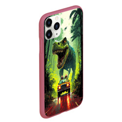 Чехол для iPhone 11 Pro Max матовый Динозавр в погоне за машиной в джунглях - фото 2