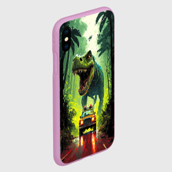 Чехол для iPhone XS Max матовый Динозавр в погоне за машиной в джунглях - фото 2
