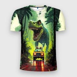 Мужская футболка 3D Slim Динозавр в погоне за машиной в джунглях
