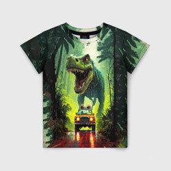 Детская футболка 3D Динозавр в погоне за машиной в джунглях