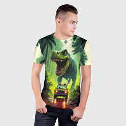 Мужская футболка 3D Slim Динозавр в погоне за машиной в джунглях - фото 2