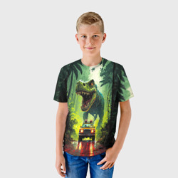 Детская футболка 3D Динозавр в погоне за машиной в джунглях - фото 2