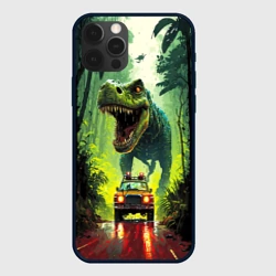 Чехол для iPhone 12 Pro Max Динозавр в погоне за машиной в джунглях