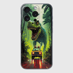 Чехол для iPhone 15 Pro Max силиконовый с защитой камеры Динозавр в погоне за машиной в джунглях