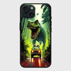 Чехол силиконовый для Apple iPhone 15 матовый Динозавр в погоне за машиной в джунглях