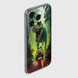 Чехол для iPhone 15 Pro Max силиконовый с защитой камеры Динозавр в погоне за машиной в джунглях - фото 2