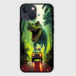Чехол для iPhone 13 mini Динозавр в погоне за машиной в джунглях