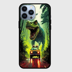 Чехол для iPhone 13 Pro Max Динозавр в погоне за машиной в джунглях