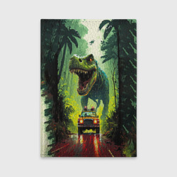 Обложка для автодокументов Динозавр в погоне за машиной в джунглях