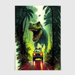 Постер Динозавр в погоне за машиной в джунглях