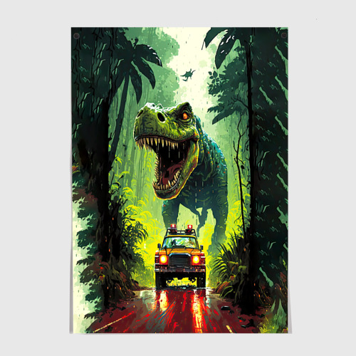 Постер с принтом Динозавр в погоне за машиной в джунглях, вид спереди №1