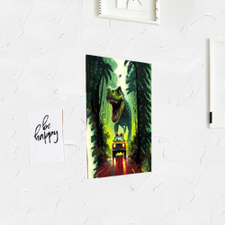 Постер с принтом Динозавр в погоне за машиной в джунглях для любого человека, вид спереди №3. Цвет основы: белый